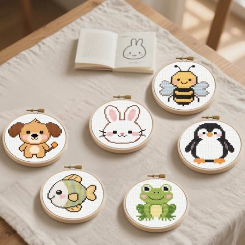 57lilina Cross Stitch Kits for Kids, 6 Set Easy Beginner Embroidery Pattern - color: Dog+Fish+Bee+Frog+Rabbit+Penguin