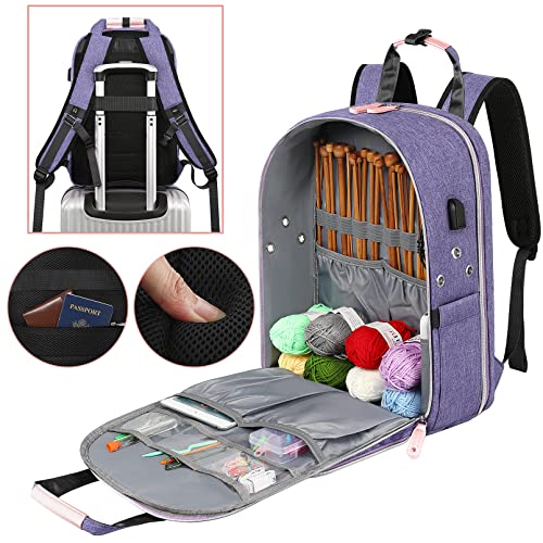 SINVICKO Crochet Bag, Knitting Bag Backpack and Totes Organizer with USB Charging Port, Large Yarn Storage Tote Bag - color: Purple