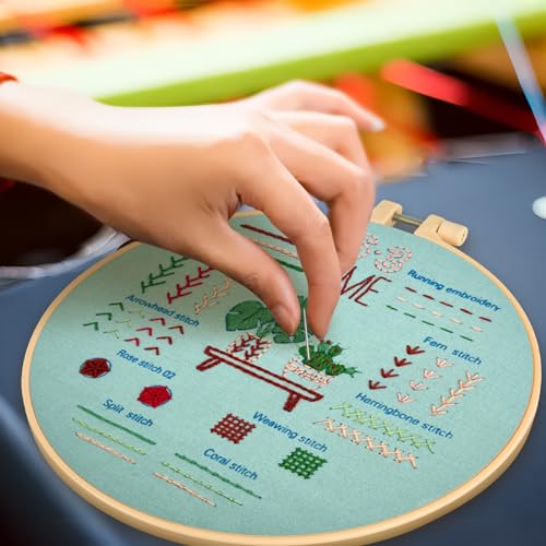 Ponpon 3 Sets Embroidery Kit for Beginners, Embroidery Kit for Adults with Follow Instruction, Cross Stitch Kits with Wooden Embroidery Hoops (Stlye C) - style: Stlye C