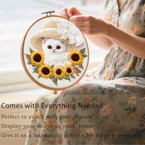 FONNUY White Kitten Embroidery Kit, Sunflowers Cat Lace Hat Cross Stitch Kits for Beginners, Handmade Crafts with Printed Patterns for Adults, Color Thread Needlework, 8'' Hoop (Cat 03) - color: Cat 03