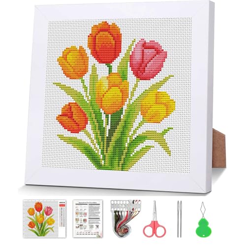 VIGEGU Tulip Stamped Cross Stitch Kits for Adult Beginner with Wooden Frame - color: Tulip Cross Stitch Kits for Beginners