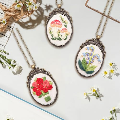 SUNNYCLUE DIY 3 Sets Embroidery Necklace Kits Mini Cross Stitch Kit with Hoop Paper Instructions Embroidery Flower Pattern Pendant Necklaces for Jewelry Making Supplies Adult Beginners Starter Crafts - style: Flower 1