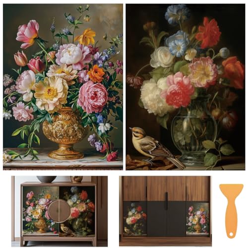 6 Sheets Large Flower Rub on Transfers for Furniture Vintage Floral Rub on Transfer Sticker for DIY Crafts Bird Iod Transfers Stickers for Wood Dresser Glass Window Decals Waterproof 6"x12" - style: Flowers and Birds