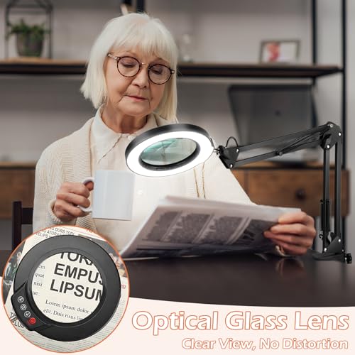 Real Glass Magnifying Glass with Light and Stand, LED 5 Color Modes, Stepless Dimmable Magnifying Floor Lamp, 3-in-1 Adjustable Swing Arm Lighted Magnifier Lamp with Clamp for Reading, Craft - Black - color: Black
