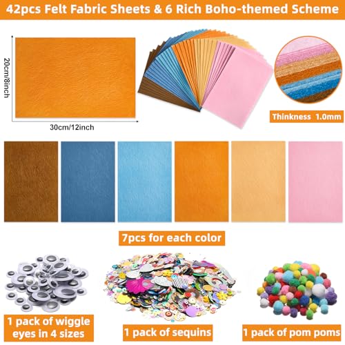 42Pcs Boho Felt Fabric Sheets 8 x 12 Inch Brown Beige Blue Assorted Soft Thick Felt Pack with Wiggle Google Eyes Pom Poms Glitter Patchwork Craft Supply for DlY Sewing Creative Art Project Decor - style: Boho Series