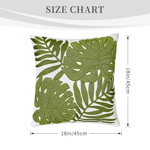 Green Monstera Leaf Tropical Leaves Embroidered Throw Pillow Cover, Floral Decor Plant Cushion Covers for Farmhouse Couch Living Room Sofa Bedroom Chair Office Shop 18 x 18 Inches - color: Green