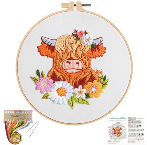 Louise Maelys Highland Cow Embroidery Kit for Beginners Floral DIY - color: kit-12