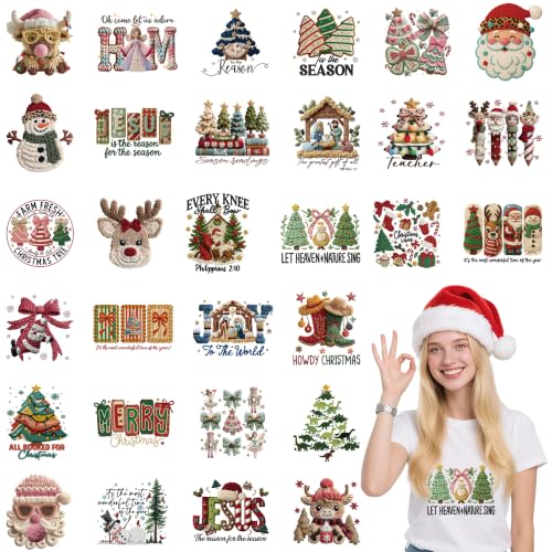 30 Pcs Faux Yarn Christmas Iron on Transfers for T Shirts - color: Faux Yarn Christmas