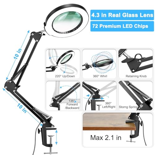 Coyeth 10X Magnifying Glass with Light and Clamp, Real Glass Stand Lighted Magnifier, 5 Color Modes Stepless Dimmable LED Desk Lamp Hands Free for Crafts Hobby Reading Painting Sewing Close Work - color: Black, size: 10X-Regular Arm