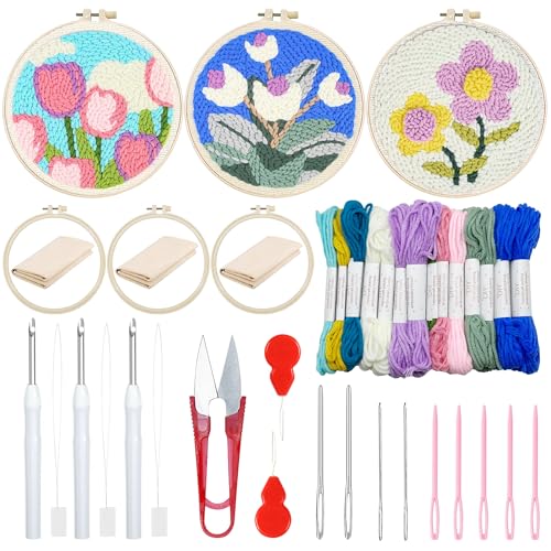 Woohome Punch Needle Kit Included Plastic Hoops, Punch Needle Cloth, Color Yarn and Punch Needle Tools for Adults, Beginners (White, Pink and Purple Flowers) - color: Color 20