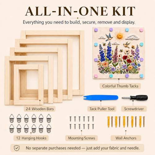 24 Pcs Needlepoint Stretcher Bars for Needlework, 6 Sizes Wooden Canvas Stretcher Bars with Thumb Tacks, Tack Puller Tool & Hanging Hardware, Adjustable Cross Stitch Embroidery Frame Kit, 6" to 16"