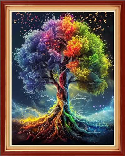 Dimensean Stamped Cross Stitch Kits Full Range of Embroidery Patterns Starter Kits for Beginners Adult DIY Cross Stitches Needlepoint Kits 11CT- Colorful Tree 16x20 inch - color: Arts kits 05