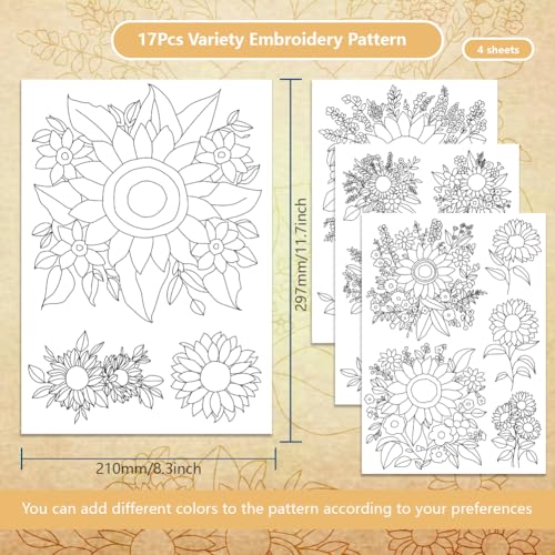 BENECREAT 17 pcs Water Soluble Embroidery Stabilizers, Sunflowers Bouquets Embroidery Patterns Transfer Paper for Beginners, Stick and Stitch Embroidery Paper Wash Away - color: Sunflowers Bouquets