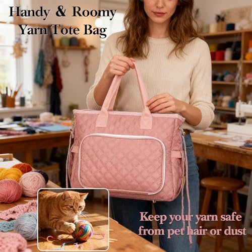 Crochet Bag Yarn Storage, Large Knitting Tote with Padded Crochet Hook Organizer, Tote with Multiple Compartments for Crochet Lovers, Knitting Accessories - color: Pink