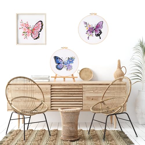 LB Butterfly Embroidery Kit for Beginners Adults, 3 Sets Hand Embroidery Starter Kit with Flower Pattern and Instructions Stamped Cross Stitch Kits Include Embroidery Hoop Needles Threads Scissors - color: Purple
