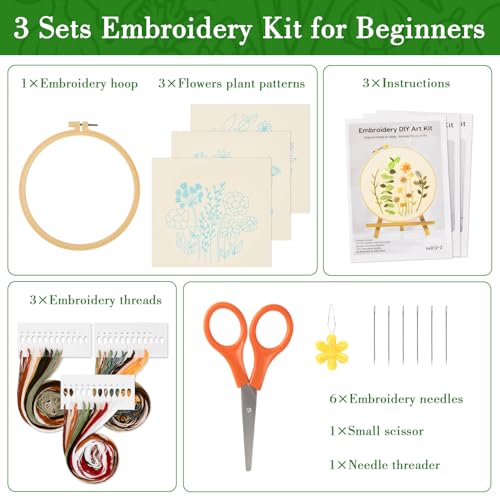 RAINFLOW 3 Pack Embroidery Kit for Beginners - Stamped Cross Stitch Kits