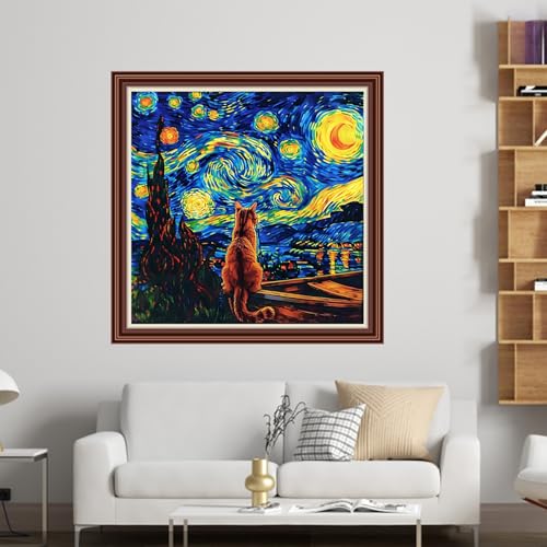 Dimensean Counted Cross Stitch Kit for Beginners, 11CT Unprinted Cross-Stitch Kit Easy Patterns Needlepoint Kit Cross Stitching Embroidery Kit Supplies-Cat Watching Van Gogh's Starry Sky 18x18 inch - color: DIYColor09
