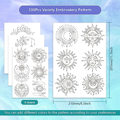 GLOBLELAND 4 Sheets Sun Moon Water Soluble Embroidery Pattern 8.3×11.7 inch - color: Sun Moon