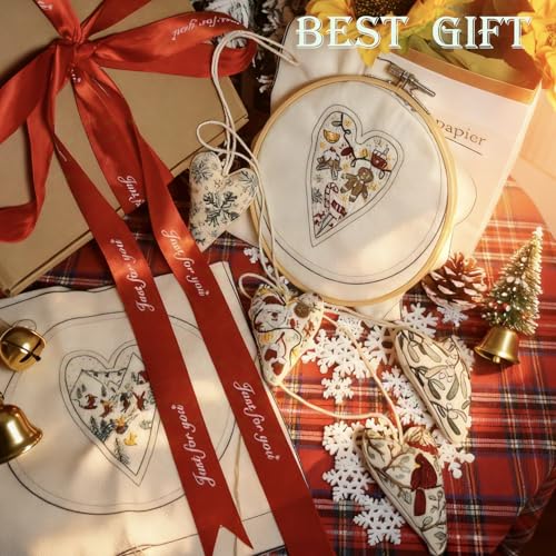 DIY Heart Shaped Hand Embroidered Christmas Ornament Kit Complete Craft Set with Pre-Printed Fabric Embroidery Thread Holiday Cross Stitch Decor for Beginners Adults and Home Decor (Finished product)