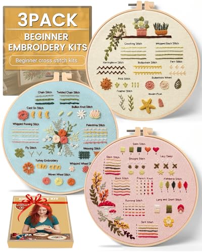 Beginner Embroidery Kit for Adults, 3 Pack Patterns with Video Guide - color: Floral Stitch Sampler