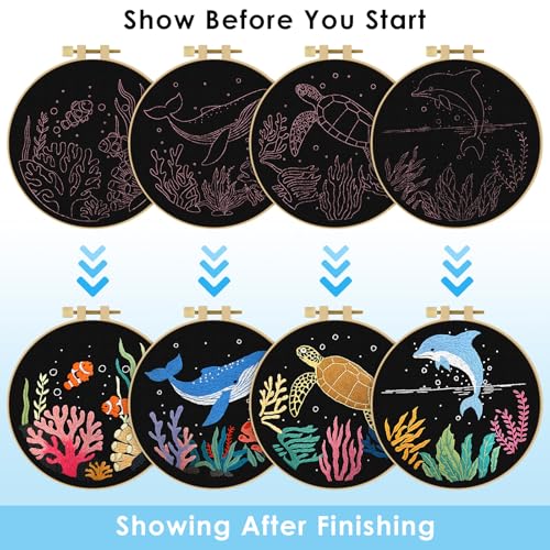 ERKOON 4 Set Embroidery Kit for Beginners, Cross Stitch Set Include Embroidery Cloth Hoops Threads for Craft Lover Hand Stitch with Embroidery Skill Techniques (Marine Animals) - color: Marine Animals