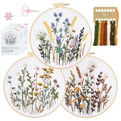 RidaaFri Embroidery Kit for Beginners, 3 Set Flower Pattern Practice Kits