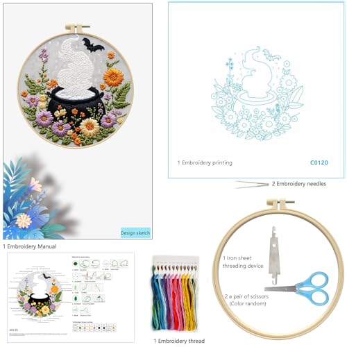 Zhenqing Halloween Cauldron Embroidery Kit for Beginners, Magic Pot Witch Decor Needlework Kit with Pre-Printed Cotton Fabric, Hoop, Threads & Tools, Spooky DIY Wall Art (C0120) - style: Halloween Cauldron