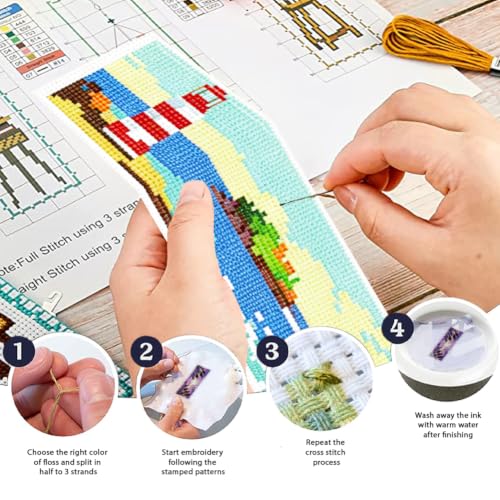 ACRNIGHEET 6PCS Cross Stitch Bookmark Kit for Beginner Stamped Cross Stitch Kits for Adults Horizontal DIY Tassel Embroidery Bookmark Kits Needlepoint Kit with Instructions Craft Gift 8.5''x3'' 11CT - style: Horizontal Scenery with Tassel