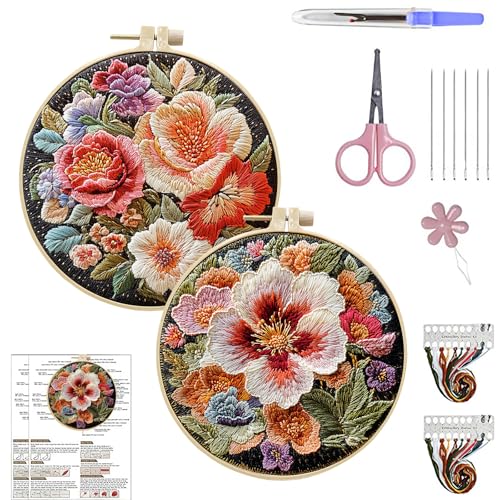 ARTopet 2Pcs Embroidery Kit for Beginners Cross Stitch Kits Needlepoint Set Colorful Flowers Patterns Embroidery Thread Kit for Craft Lover Hand Stitch with Hoop Threads Fabric-01 - color: 2Pcs-01
