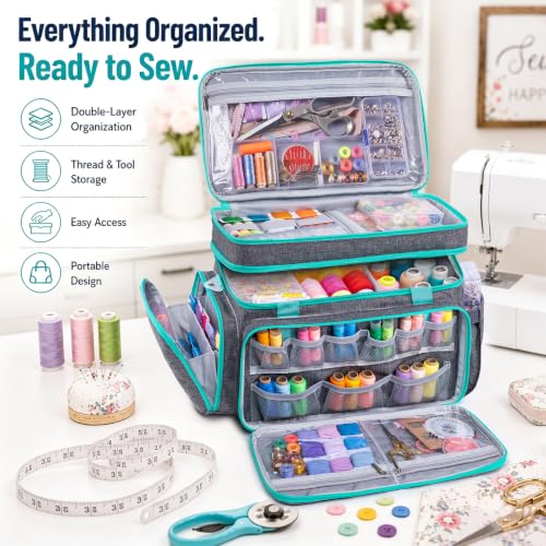 AMOIGEE Double Layer Sewing Organizer Bag with 2 Clear Storage Sewing Boxes - color: Grey