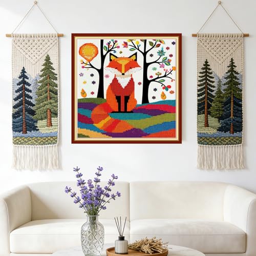 Redxing Stamped Cross Stitch Kits Full Range of Embroidery Starter Kits- Needlepoint Counted Cross Stitch Kits for Beginner Adults 11CT Printed Embroidery Kit- Rainbow Fox 18x18 inch - color: DIYArtsKit15