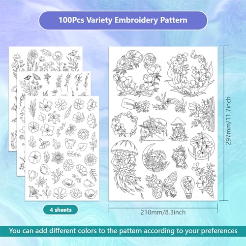ORIGACH 4 Sheets 105 Pcs Water Soluble Embroidery Patterns Stabilizers - Pre-Printed Floral, Flowering Shrubs & Leaves Designs - Stick & Stitch Embroidery Paper for Hand Sewing Lovers - color: Floral Flowering Shrubs & Leaves