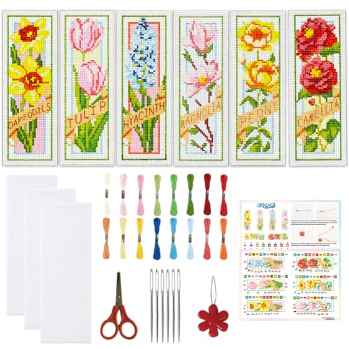 ORIGACH 6 Set Spring Floral Cross Cross Stitch Bookmark Kit for Beginner - style: Spring Floral