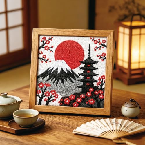 BEUNITONE 2Set Punch Needle Kit with Frame for Adults Beginners, Japanese Style Needlepoint Crafts Kit for Adults, Complete Embroidery Starter Kits with Pre-print Pattern for Gift Home Decor 9.4"x9.4" - color: 03-Japanese Landscape