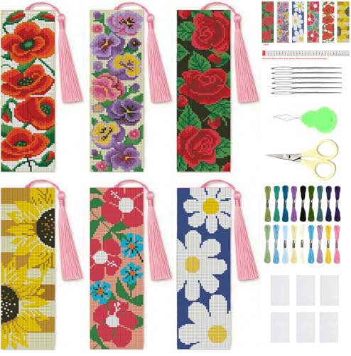 NEGEKFKX 6 Pcs Flower Cross Stitch Bookmark Kit for Adult Beginners - color: Cross stitch bookmark-14