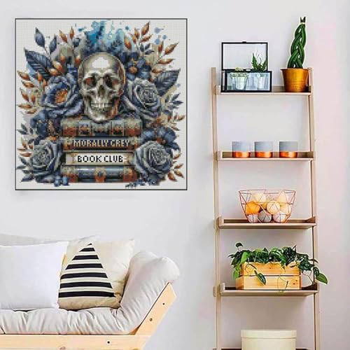 Skull Stamped Cross Stitch Kits Skull and Book Cross Stitch Patterns,Dimensions Cross Stitch Kits Embroidery Kit Arts and Crafts for Beginners 13.7x13.7 inch - color: D006