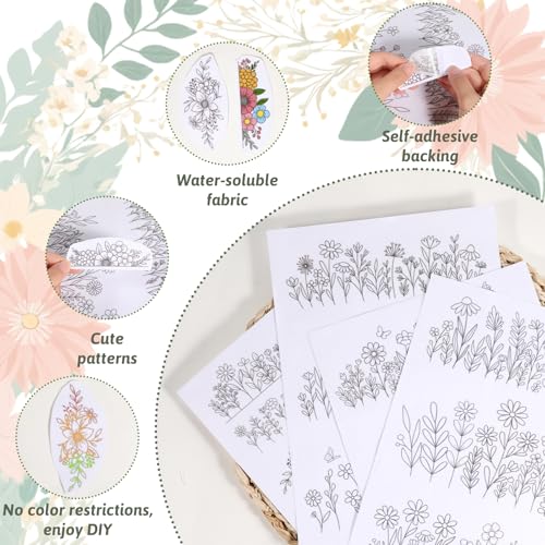 4 Sheets Water Soluble Embroider Pattern Stabilizer Stick and Stitch Embroidery Patterns Flower Stick and Stitch Embroidery Paper Wash Away with Pre-Printed Flower Leave Butterfly for Hand Sewing Love