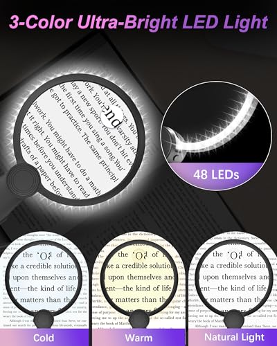 Hands Free Magnifying Glass with Light, 5X 15X Lighted Neck Magnifier for Craft Cross Stitch Needlepoint Needlework Sewing Embroidery Reading, Magnifying Glasses for Close Work, Low Vision Seniors