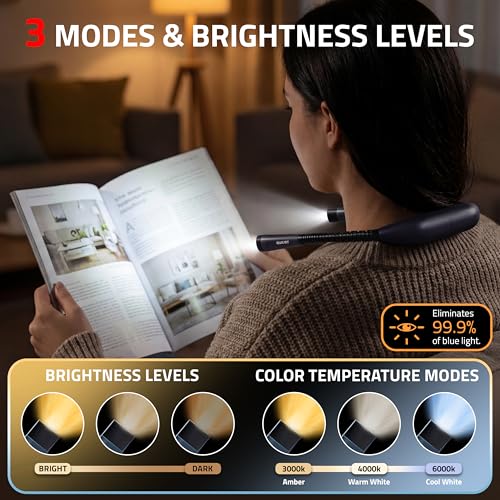 GearLight Rechargeable Book Light for Reading in Bed – Hands-Free LED Neck Light with 3 Light Modes, Adjustable Brightness, for Reading, Knitting, Crochet, Crafts, Sewing & Travel – 1 Pack - color: Gray, style: Hands-Free (1-Pack)