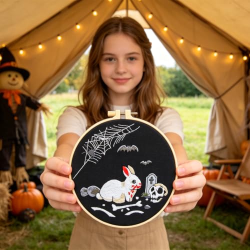 Halloween Embroidery Kits for Beginners Adults, Gothic Rabbit Embroidery DIY Kit, Halloween Cross Stitch Kits Needlepoint Kits for Beginners Adults Woman Gifts, Embroidery Hoop, Thread, Video Tutorial - color: H2123