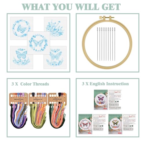 GLTAYLMY Butterfly Embroidery Kit for Beginners Adults, 3 Sets Hand Embroidery Starter Kit with Flower Pattern and Instructions Stamped Cross Stitch Kits Include Embroidery Hoop Needles Threads - color: BU2EBK