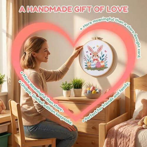 WaFtesh Embroidery Kits for Beginners Adult, DIY Hand Embroidery Cross Stitch Starter Set with Pattern, 3D Rabbit Needlepoint & Cross Stitch 7.9 Inch Hoop Threads, Needles, Instruction - color: Bunny-2