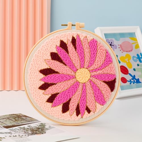 Woohome Punch Needle Kit Included Plastic Hoops, Punch Needle Cloth, Color Yarn and Punch Needle Tools for Adults, Beginners (Flower, Lake and Bear) - color: Color 21