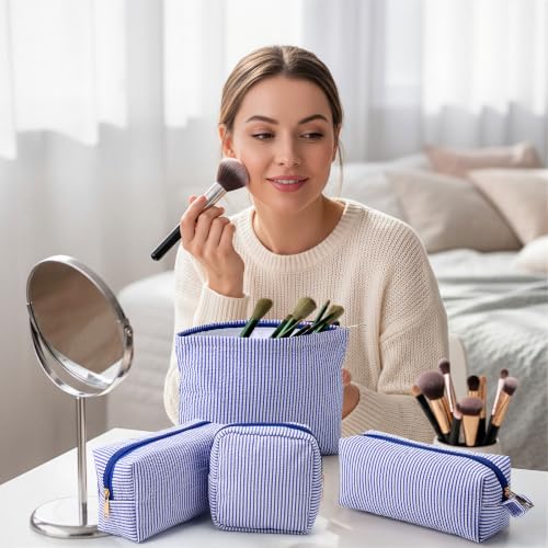 Sanwuta 4 Pcs Seersucker Pouch Striped Makeup Bag Set, Navy Blue - color: Navy Blue