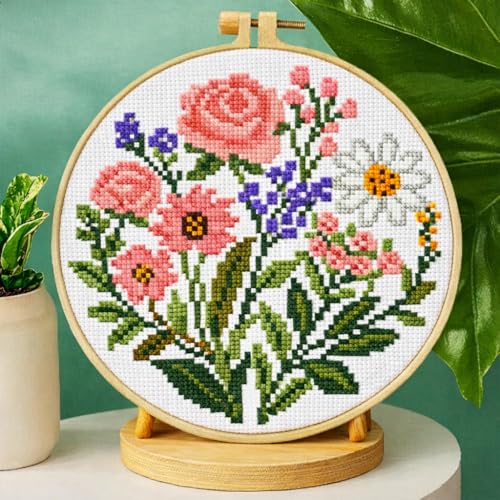 Zhenqing Pink Floral Bouquet Cross Stitch Kit for Beginners - 11CT 24x24cm Pre-Printed Pattern with Embroidery Hoop, Threads & Tools(70517) - color: Pink Floral Bouquet