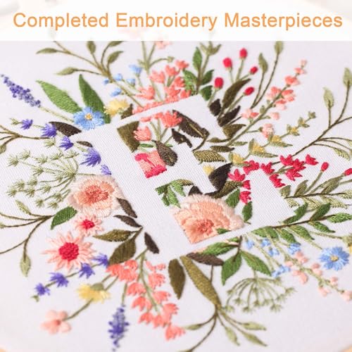 Harimau Letter E Pattern Embroidery Kit for Adult Beginners, Complete Starter Pack with 1 Hoop, Needles, Instruction Guide & Embroidery Stitch Video Tutorials - color: White E
