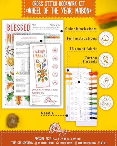 Povitrulya Cross Stitch Bookmark Kit “Mabon“ – Counted DIY Embroidery Set for Adults & Beginners, Autumn Equinox Pagan Wiccan Alban Elfed Harvest Festival Needlework Gift - color: Mabon