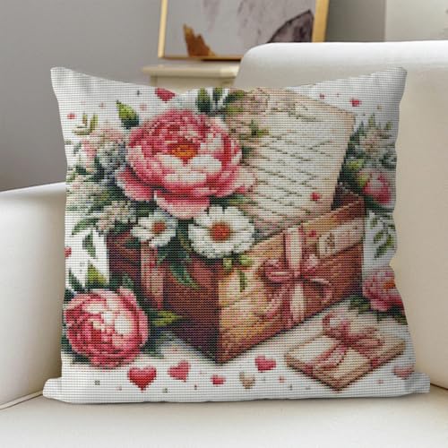 Huacan Cross-Stitch Pillow Kit Stamped Flower Pattern Without Pillow Core for Adults Beginners 17.7 x 17.7 in