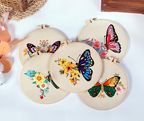 Konrisa Embroidery Starter Kits with Butterfly Flower Pattern, Stamped Cross Stitch Kits for Beginners Adults DIY Sewing Include Embroidery Hoop Embroidery Fabric Threads and Needles,Set of 2 - color: Butterfly01