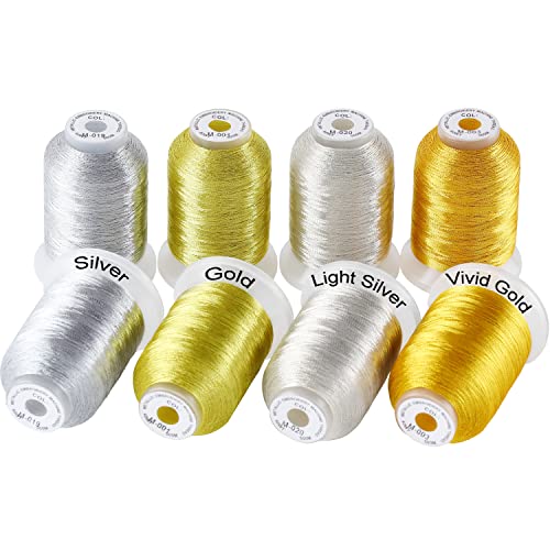 New brothread Metallic Embroidery Machine Thread - 4 Gold + 4 Silver Colors - color: 2xGold+2xVivid Gold+2xSilver+2xLight Silver